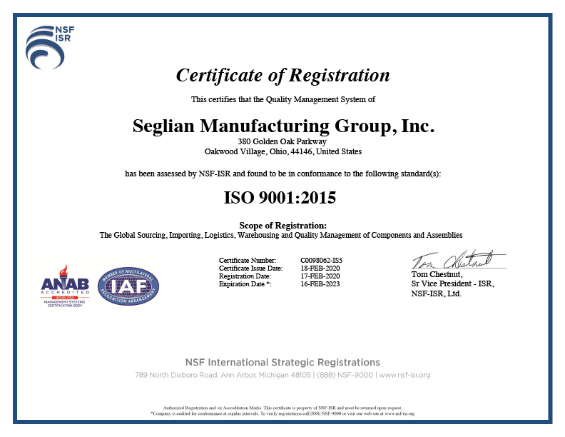 SO 9001:2015 Certification for Quality Management at Seglian Manufacturing Group