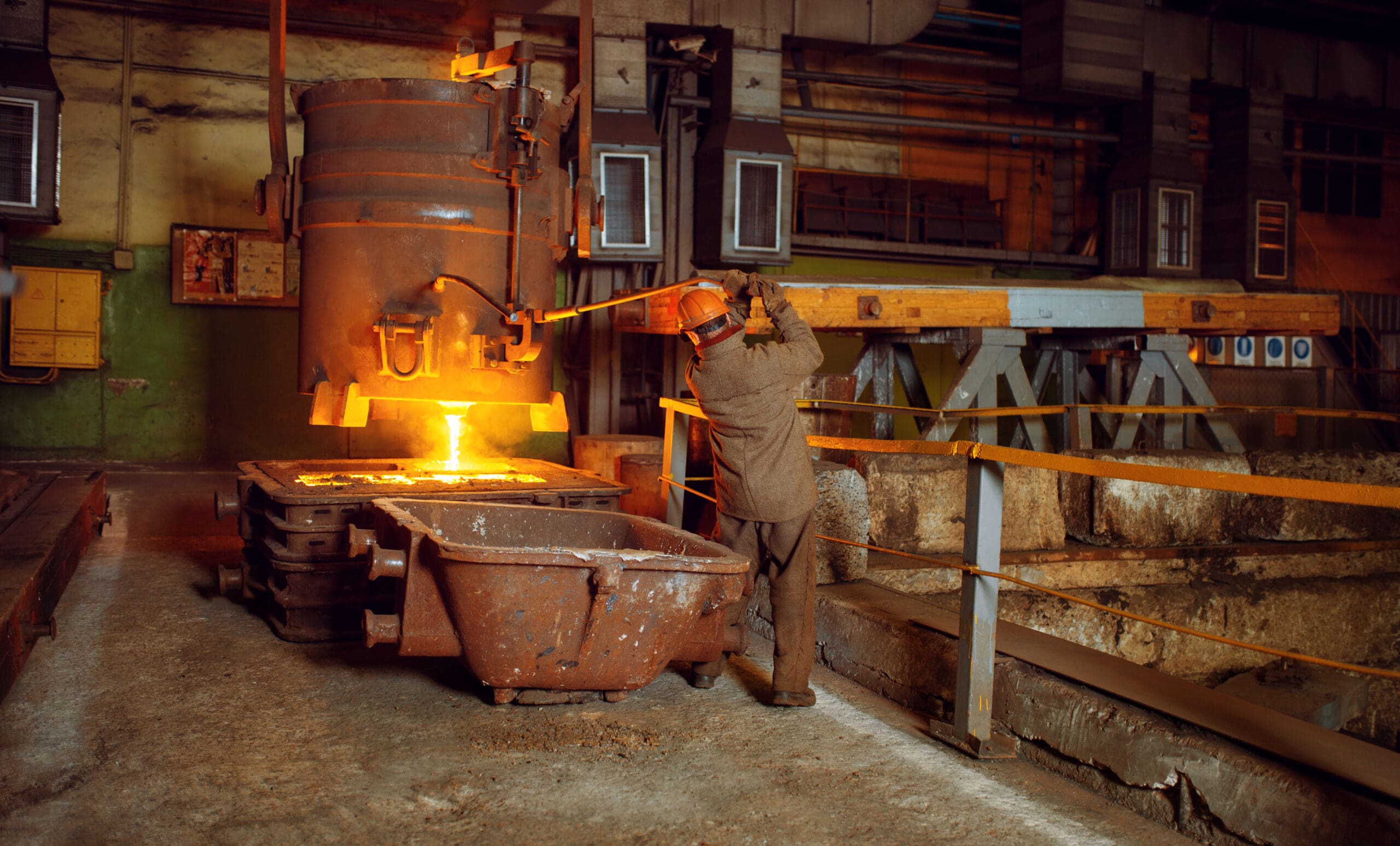 Steelmaker pouring molten metal at Seglian’s advanced steel factory, highlighting precision casting and manufacturing capabilities.